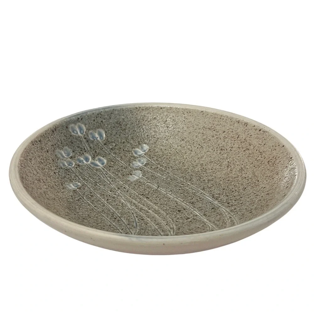 Signed Studio Pottery Shallow Bowl Handcrafted Floral Speckled Earthy Tones 9.5